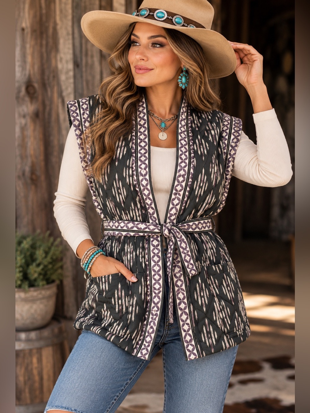 MNG Mango Quilted Belted Vest Black Cream Geometric Boho Western